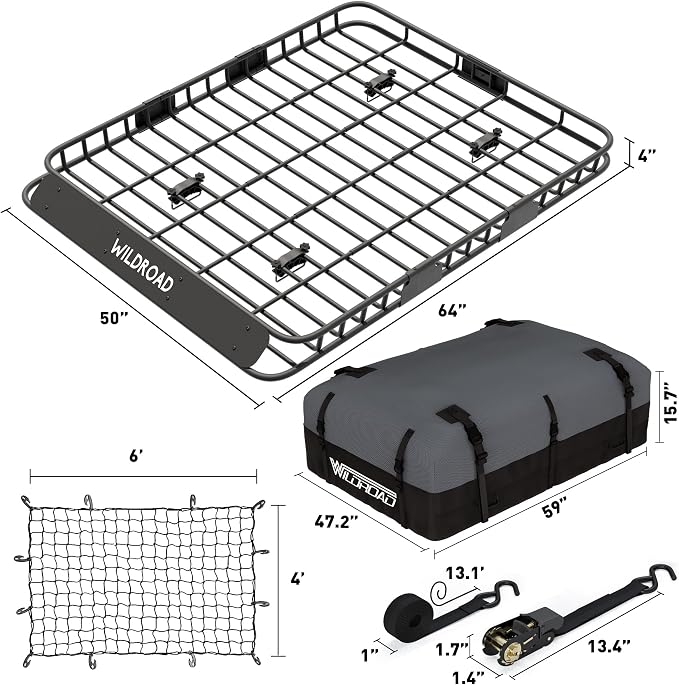 Wildroad Roof Rack Cargo Basket, Upgraded 4” Fence Wide Car Roof Basket Combo - Image 6