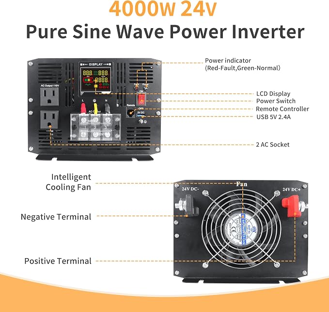 4000 Watt Pure Sine Wave Power Inverter DC 24V to 110V/120V AC Converter - Image 3