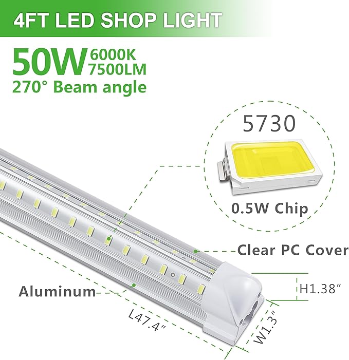 4Pack 4FT LED Shop Light Garage Lights, 50W 6000K 7500LM White Light, - Image 2