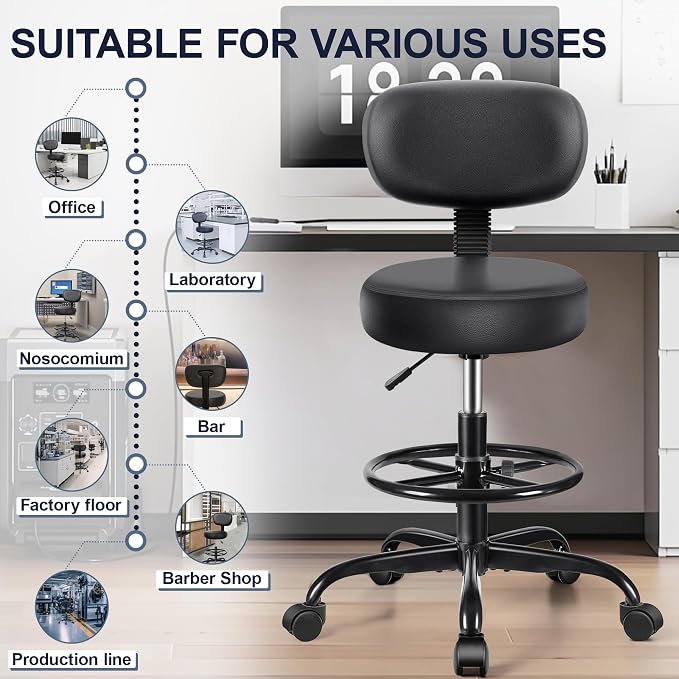 Drafting Chair with Backrest – Adjustable Foot Rest Rolling Stool with Wheels - Image 8