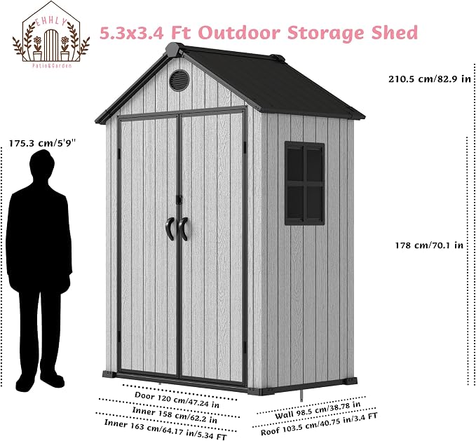5.3x3.4 FT Resin Outdoor Storage Shed, 135 Cuft Garden Tool Sheds & Outdoor - Image 8