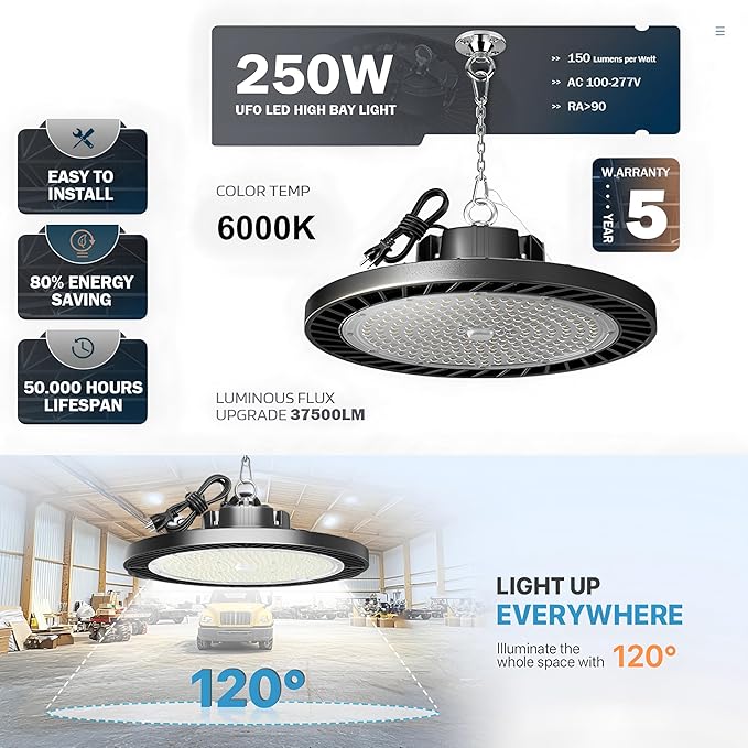 250W UFO LED High Bay Light, 30000lm 6000K Daylight 2500W Equivalent - Image 2