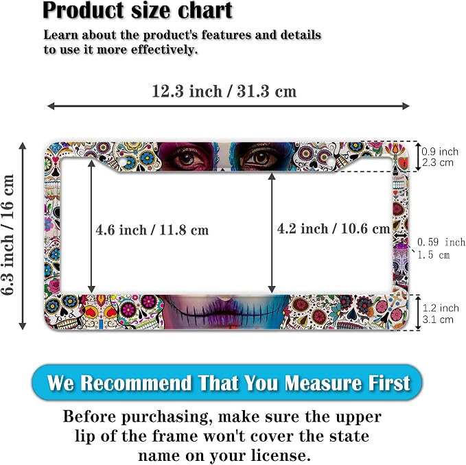 License Plate Frames for Women Multicolor Plate Cover for Men Sugar Skull - Image 2