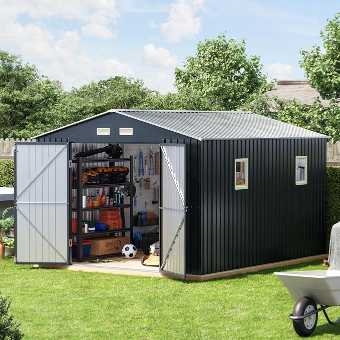 10x10 FT Outdoor Metal Storage Shed, Double Swing Doors, 2 Clear Windows - Image 7
