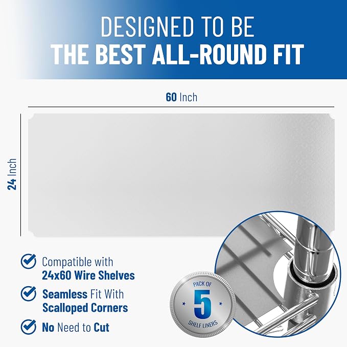 Shelf Liners for Wire Shelf System: Set of 5 in Clear: 24 x 60 inch: Plastic - Image 2