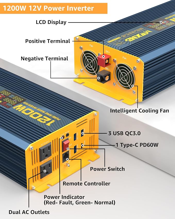 1200 Watt Pure Sine Wave Power Inverter DC 12V to 110V AC Converter - Image 2