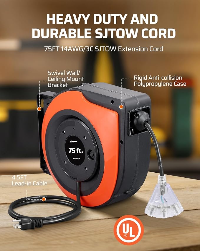 DEWENWILS Retractable Extension Cord Reel, 75 FT Heavy Duty Power Cord - Image 3