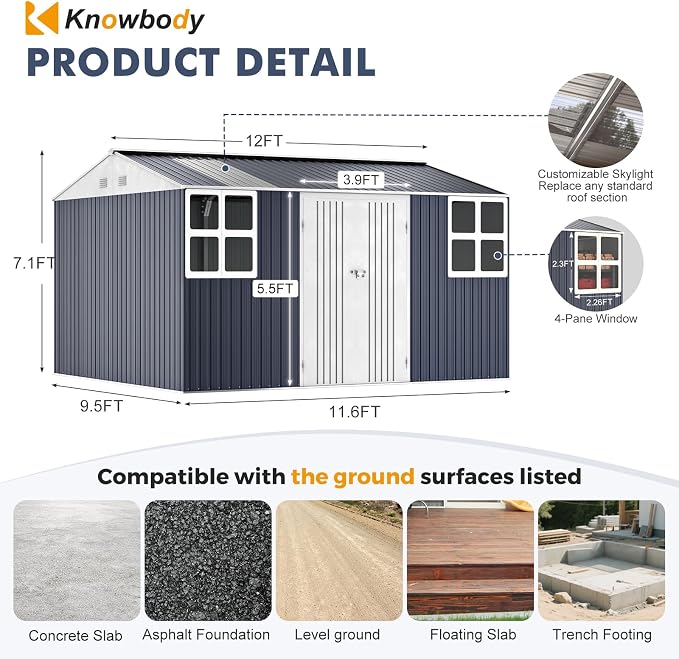 12x10 FT Metal Shed Heavy-Duty, Outdoor Storage Garden Sheds - Image 2