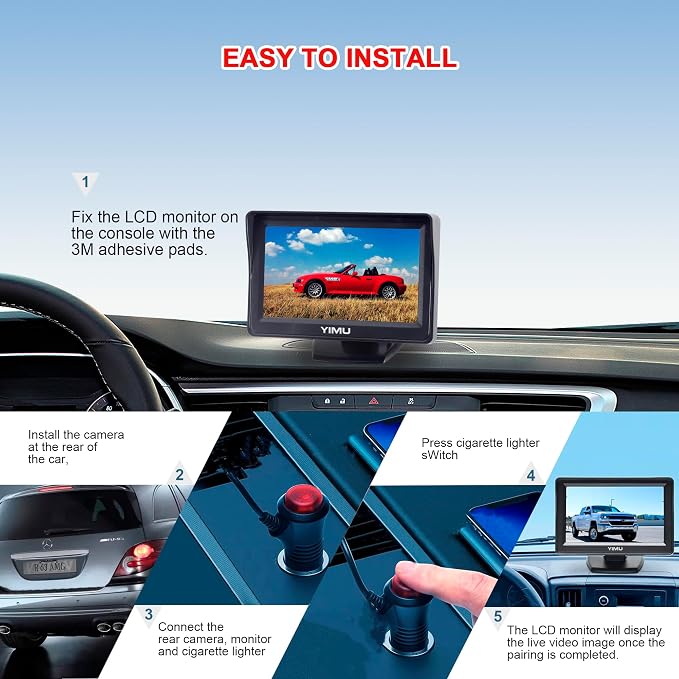 YIMU Backup Camera System with License Plate Backup Reverse Camera, Easy - Image 2