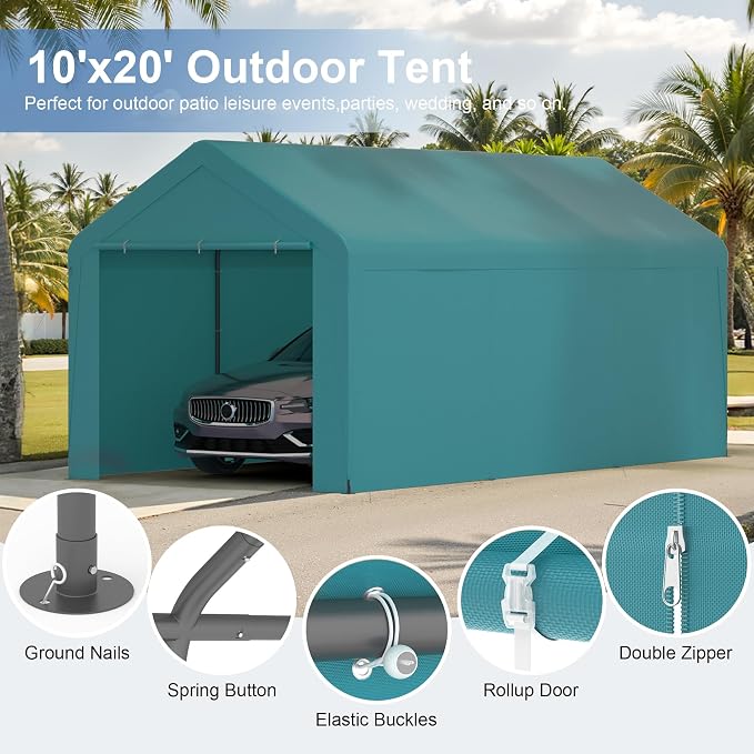Carport 10x20 Heavy Duty Portable Garage w/Removable Sidewalls & Roll-Up Door - Image 2