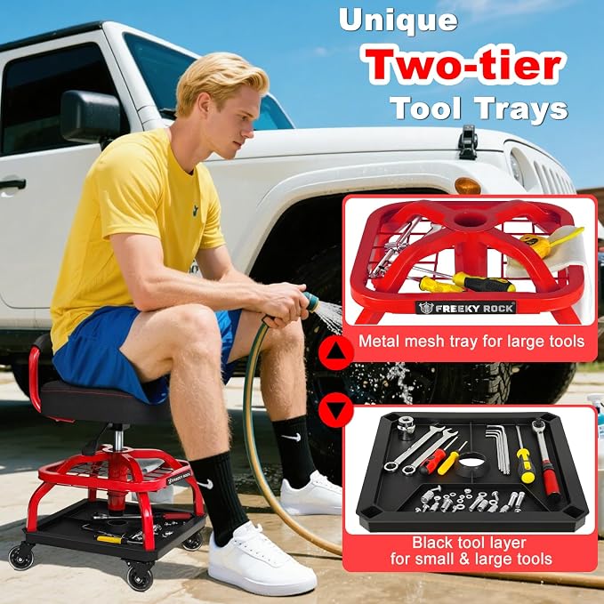 Rolling Shop Stool with Wheels, Garage Mechanic Shop Chair with Handle Backrest - Image 3