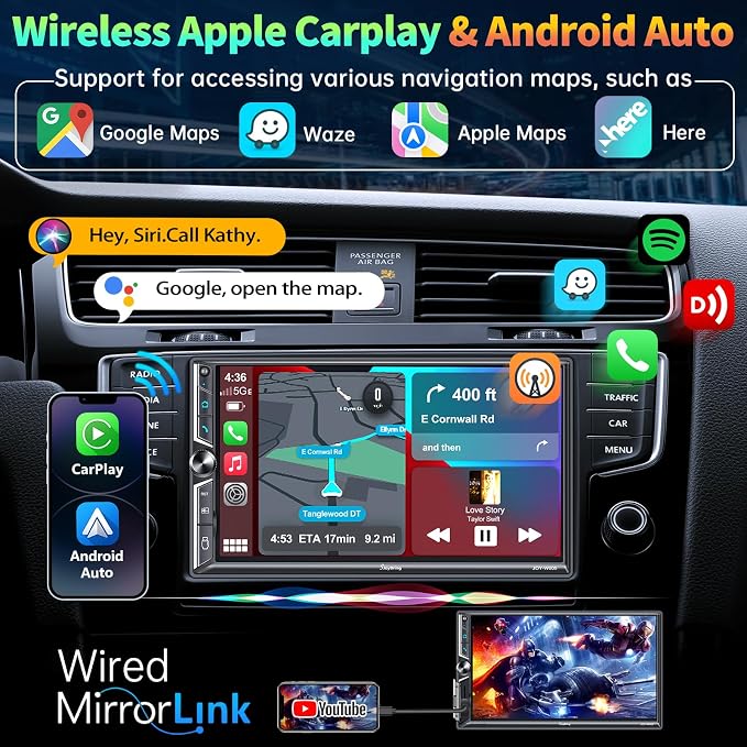 Double Din Car Stereo with Wireless Apple CarPlay and Android Auto, Mirrorlink - Image 2