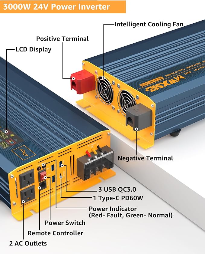 3000W Pure Sine Wave Power Inverter DC 24V to 110V 120V AC - Image 2