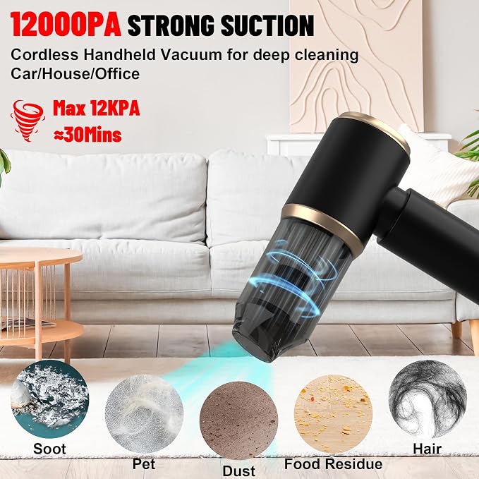 Handheld Car Vacuum Portable Cordless, 12000PA High Power 4 in 1 Vacuum Cleaner - Image 2