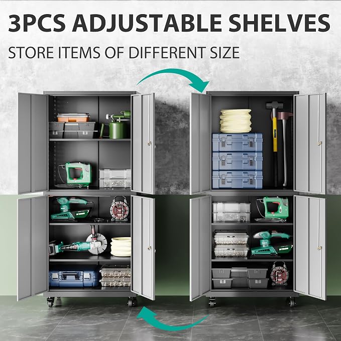 Metal Storage Cabinet with Wheels, Rolling Garage Storage Cabinet with Lock - Image 5