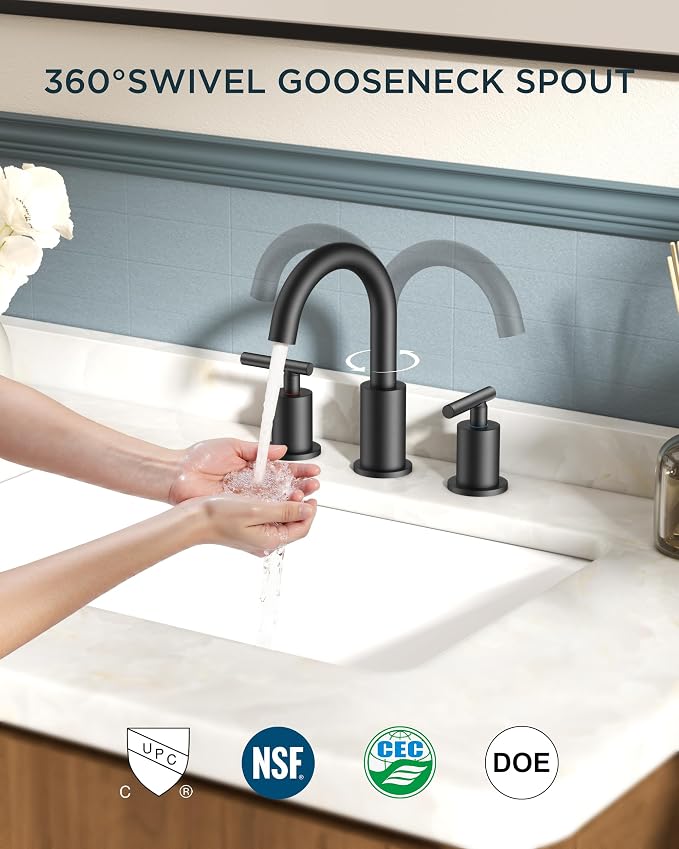 FORIOUS Bathroom Faucets 3 Hole, Matte Black Bathroom Sink Faucet 3 Hole Vanity - Image 4