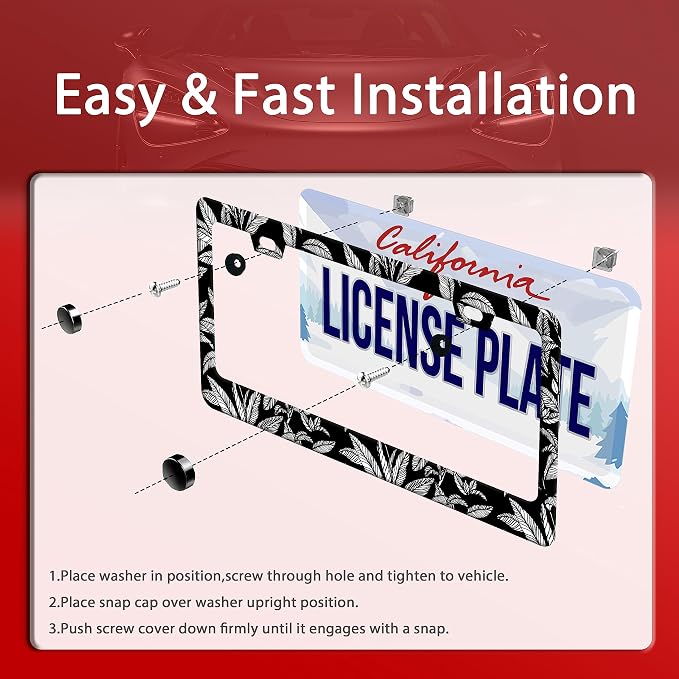 Black White Tropical Leaf License Plate Frame License Plate Stainless Steel - Image 3