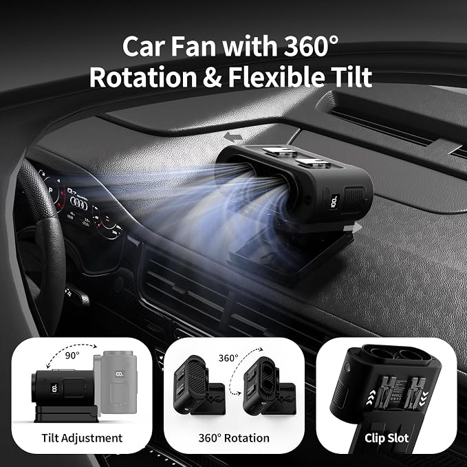 Socool Portable Car Fan - 14500mAh Rechargeable Battery Opearated - Image 4