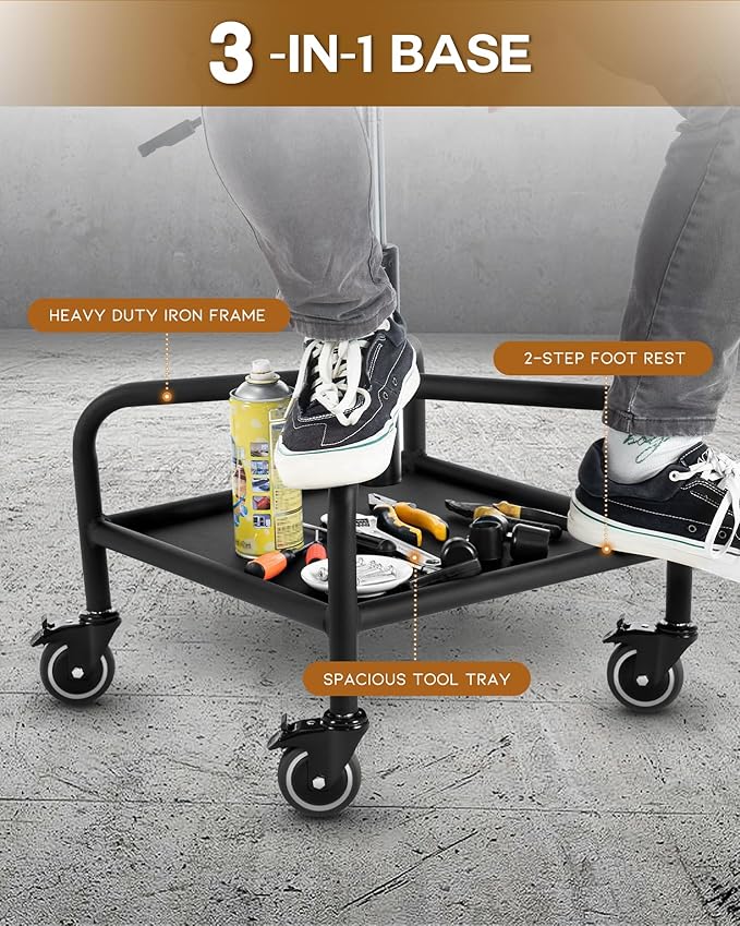Shop Stool with Lockable Rubber Wheels Adjustable Backrest Tool Tray Storage - Image 5