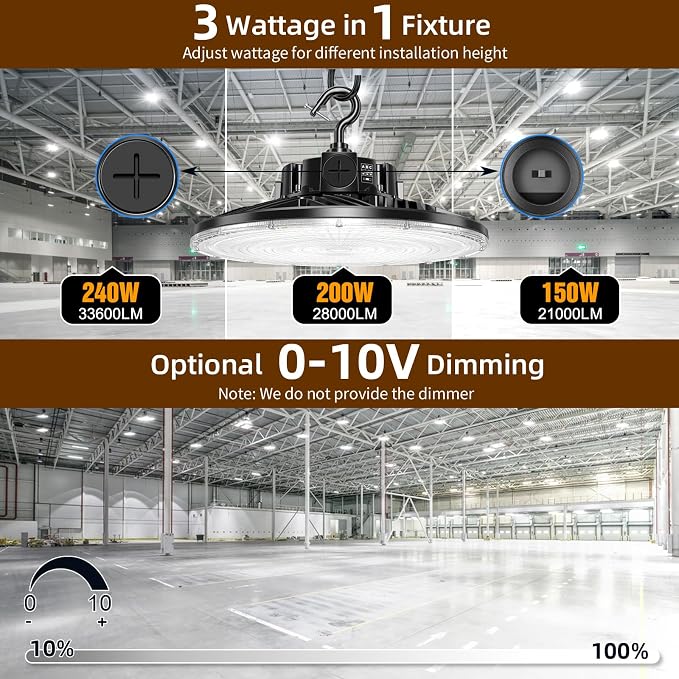 9 Pack 480V LED High Bay Light UL DLC Listed UFO Light 240W 200W 150W Adjustable - Image 3
