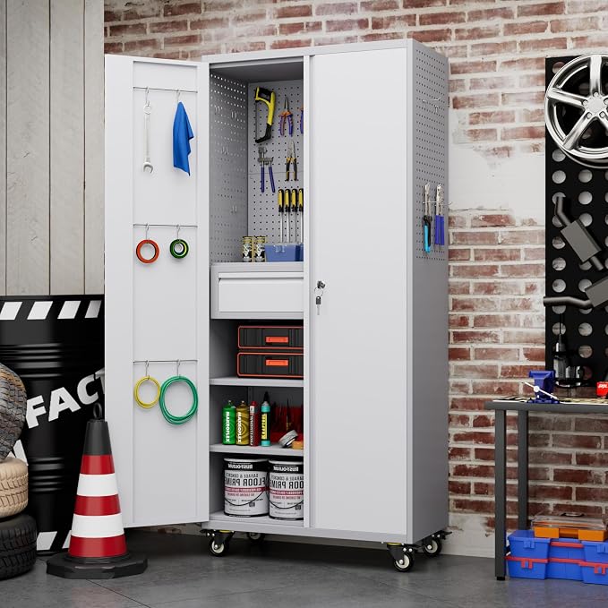 Garage Storage Cabinet with Locking Doors and 2 Adjustable Shelves, Pegboard - Image 8