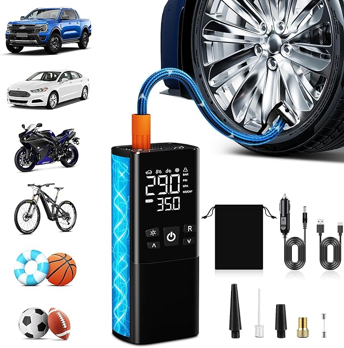 Tire Inflator Portable Air Compressor – Dual Power Mode, Built-in Battery & 12V by Evjeal