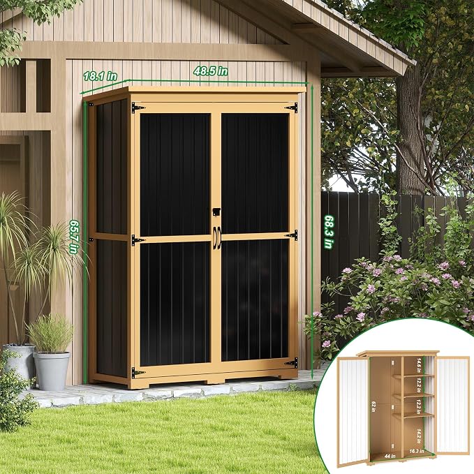 Outdoor Storage Shed with Adjustable Shelf, Wood & Metal Storage Cabinet - Image 2