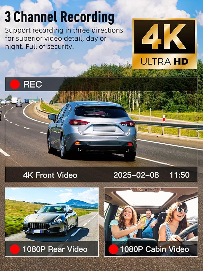 3 Channel 5G WiFi Dash Cam, 4K+1080P+1080P Dash Cam Front and Rear Inside - Image 3