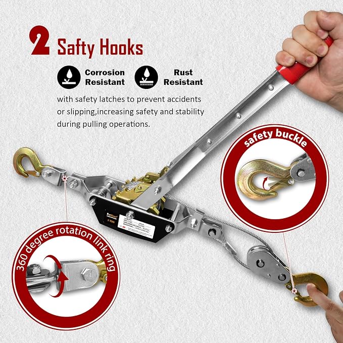 Come Along Winch 2T, Pulling Capacity 12 FT Steel Cable 2 Hooks, Heavy Duty - Image 3