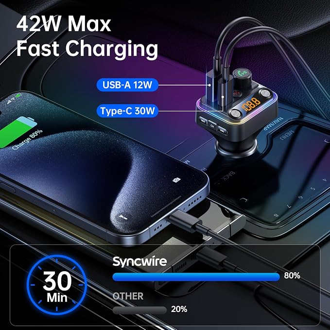 Syncwire Bluetooth 5.4 FM Transmitter Car Adapter 42W Wireless FM Radio Stereo - Image 3
