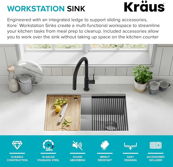 KRAUS Kore Workstation 30-inch Undermount 16 Gauge Stainless Steel Kitchen Sink - Image 3