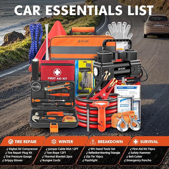 Car Emergency Kit with Portable Air Compressor, First Aid Kit, Jumper Cables - Image 6