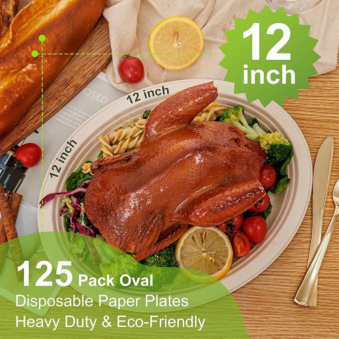 WELLIFE 100% Compostable Oval Paper Plates 12 Inch, Biodegradable Bagasse - Image 2