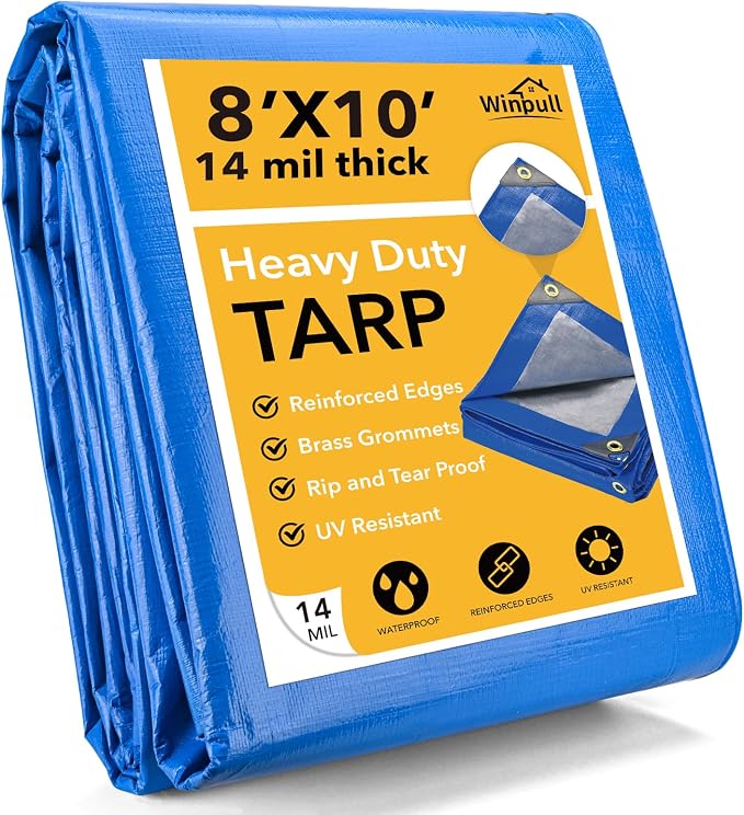 Tarp 8x10 Feet 14 Mil Heavy Duty Waterproof Tarp, Large Multipurpose Cover by Winpull