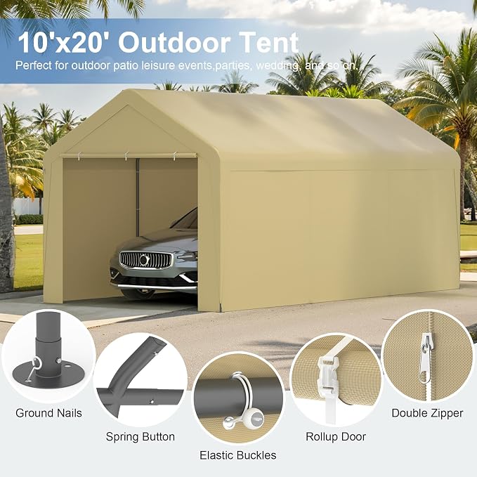 Carport 10x20 Heavy Duty Portable Garage w/Removable Sidewalls & Roll-Up Door - Image 2