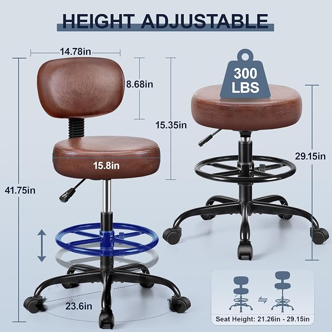 Drafting Chair with Backrest – Adjustable Foot Rest Rolling Stool with Wheels - Image 3