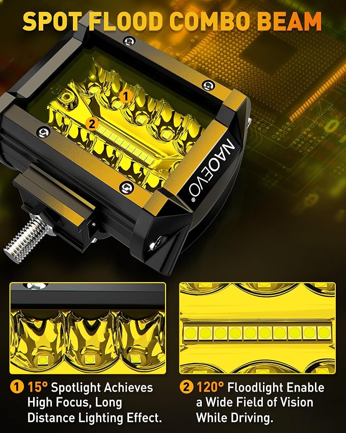 NAOEVO 4 Inch LED Pod Lights, Spot Flood Yellow LED Fog/Driving/Off Road Lights - Image 4