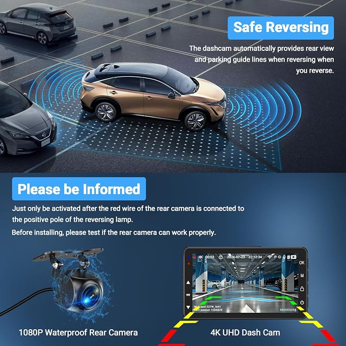 Dash Cam Front and Rear, Dash Cam 4K WiFi/APP Control Dashcam W/ 64GB Card Dash - Image 3