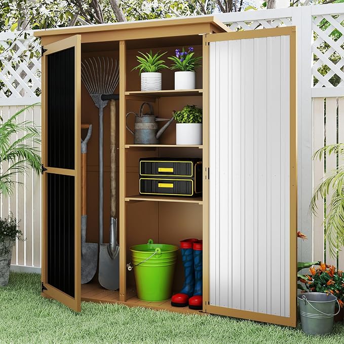 Outdoor Storage Shed with Adjustable Shelf, Wood & Metal Storage Cabinet - Image 7