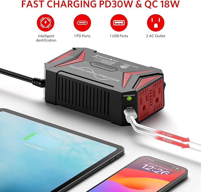 BESTEK 300Watt Pure Sine Wave Power Inverter Car Adapter DC 12V to AC 110V - Image 3
