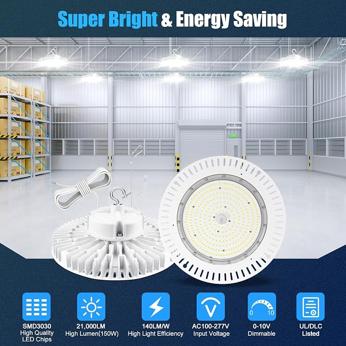 150W LED High Bay Light, AC100-277V 21, 000LM 0-10V Dimmable UL Listed IP65 - Image 2