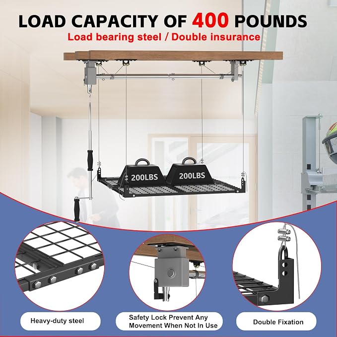 Overhead Garage Storage Rack, 4x4FT Ceiling Storage Racks Lift, Adjustable - Image 3