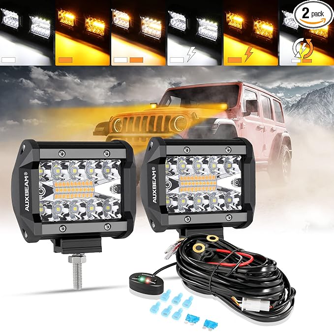 Auxbeam 4 Inch LED Pods Strobe Pod Light Bar, 120W Amber White 6 Modes Fog by Auxbeam