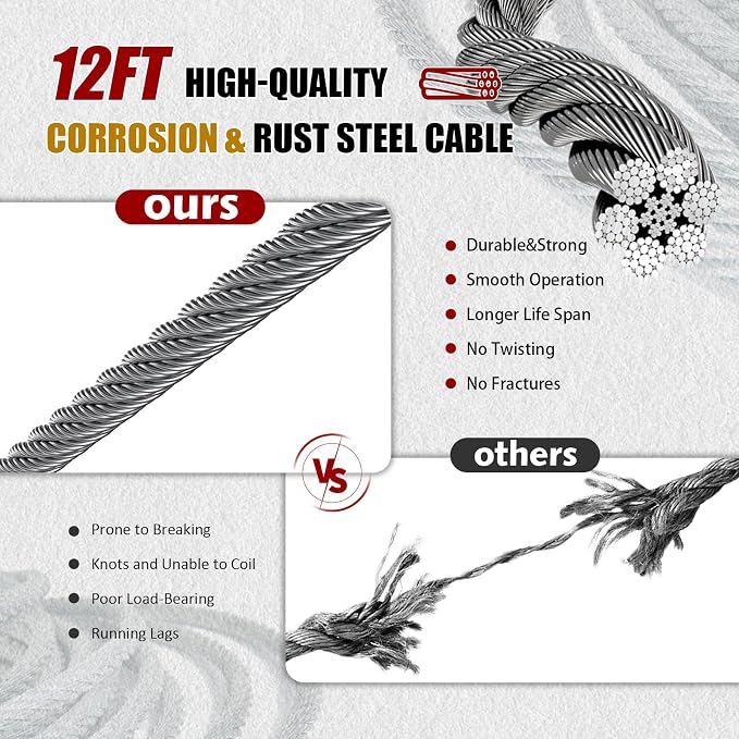 Come Along Winch 2T, Pulling Capacity 12 FT Steel Cable 2 Hooks, Heavy Duty - Image 2