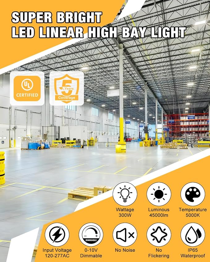 300W LED Linear High Bay Light, 45000LM Shop Light Commercial 120-277V - Image 2