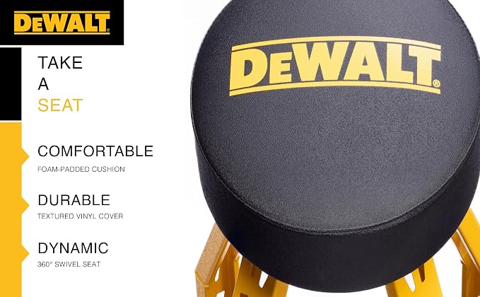 DEWALT Heavy-Duty Metal Stool for Garage and Shop, 360 Swivel Seat, Storage Tray - Image 6