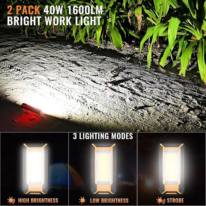 2 Pack 40W 1600LM LED Work Light, Rechargeable Portable Magnetic Flood Lights - Image 2