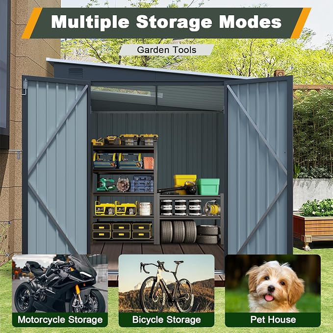 6x8 FT Lean to Shed with Lockable Double Doors, Metal Outdoor Storage Shed with - Image 4