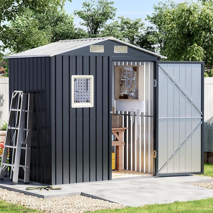 6x4 FT Outdoor Metal Storage Shed, Single Door, 1 Clear Window, Tool Shed by Unknown