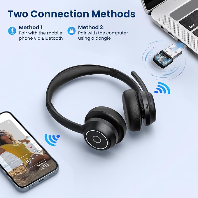 Wireless Headset with Mic for Work, Wireless On Ear Headphones with USB Dongle - Image 5